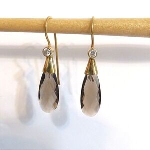 Sterling Silver Gold‎ Plated Smoky Quartz Drop Earrings Dangle Elegant Gemstone